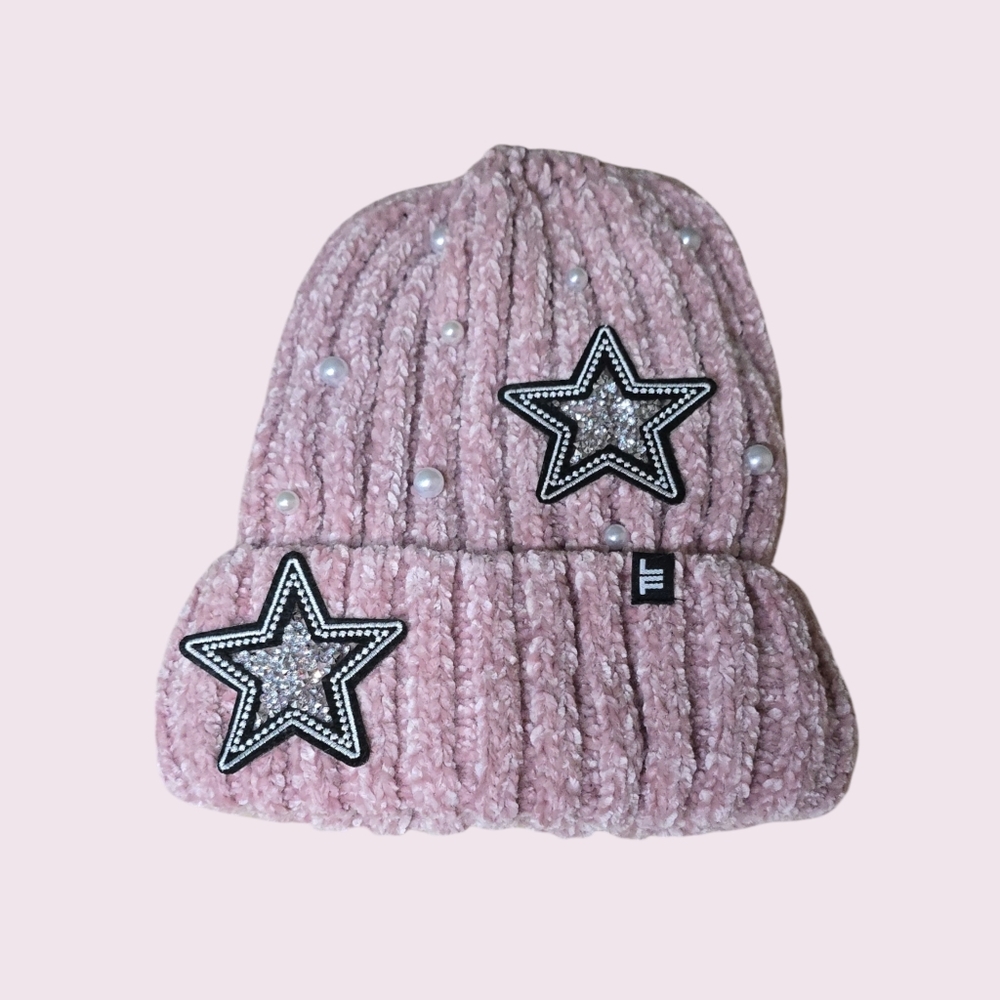 London.FogPink cold weather hat with pearls and shiny stars for decoration